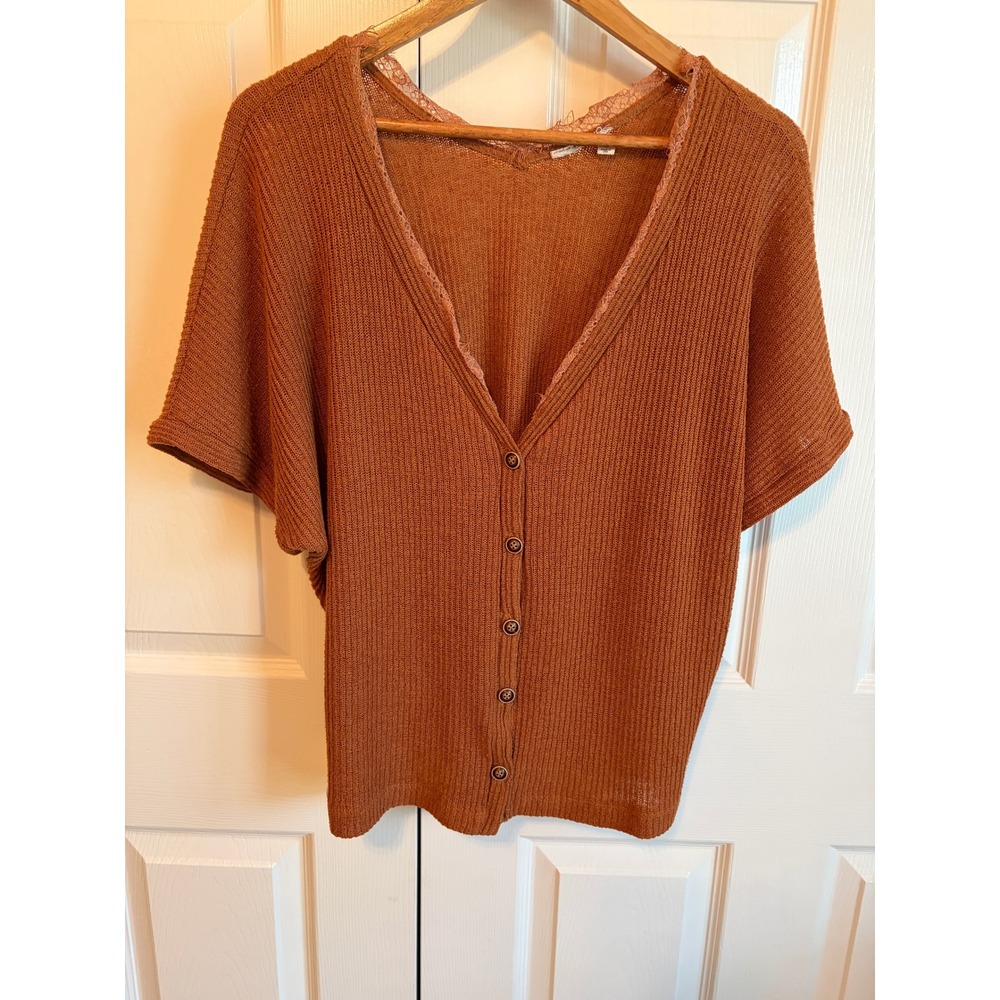 Unbranded Rust Orange Ribbed Knit Lace Trim Short Sleeve Cardigan Top Large